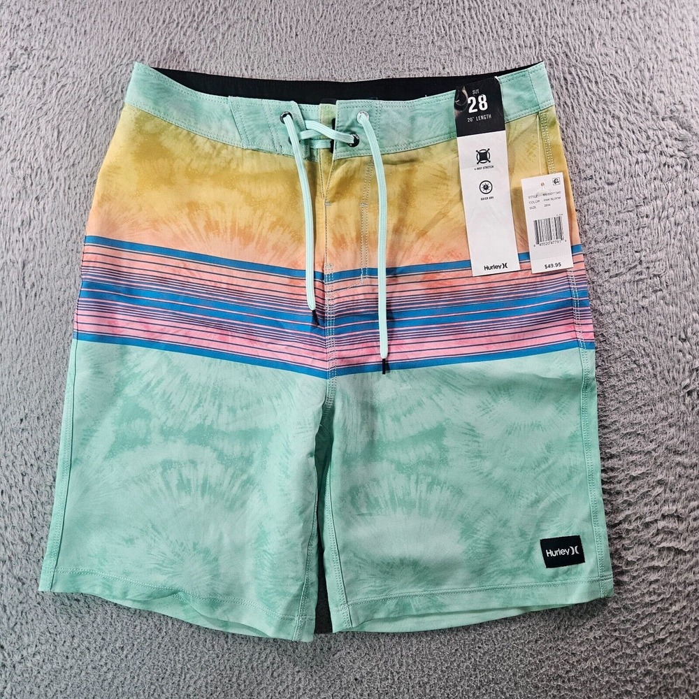 NWT Hurley Board Shorts Swim Trunks Men 28 No Liner Green Yellow Blue Striped